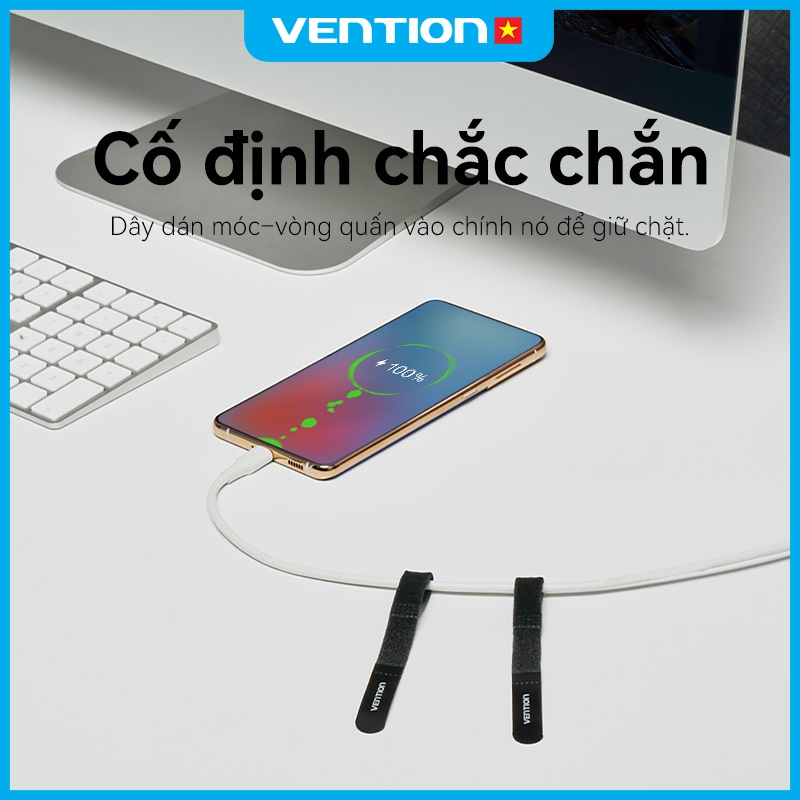 Dây Dán Cố Định Cáp Sạc Tai Nghe Vention 120x12mm, Tự Dính, Chất Liệu Polyester + Nylon Bền Chắc