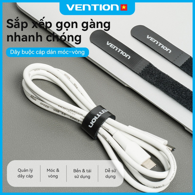 Dây Dán Cố Định Cáp Sạc Tai Nghe Vention 120x12mm, Tự Dính, Chất Liệu Polyester + Nylon Bền Chắc