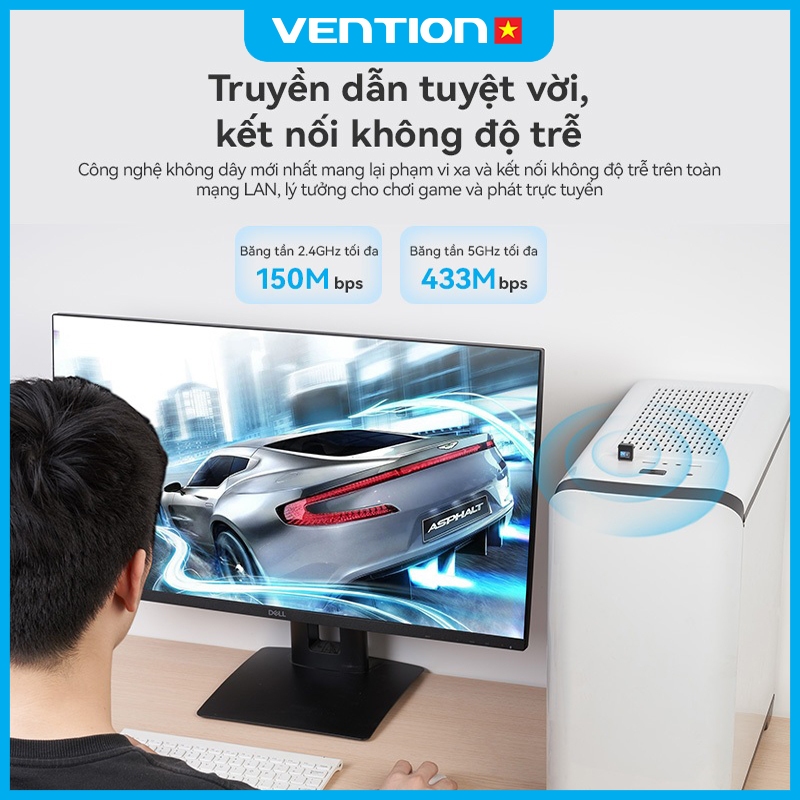 USB WiFi Vention- Bộ Chuyển Đổi WiFi USB, Card Mạng Không Dây 600M,Băng Tần Kép 2.4GHz/5GHz