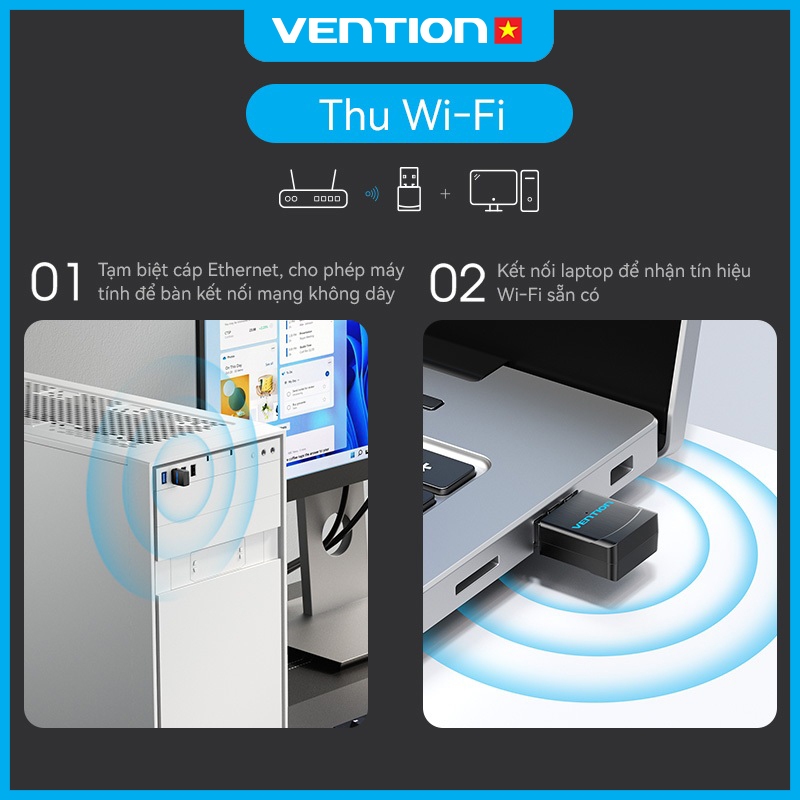 USB WiFi Vention- Bộ Chuyển Đổi WiFi USB, Card Mạng Không Dây 600M,Băng Tần Kép 2.4GHz/5GHz