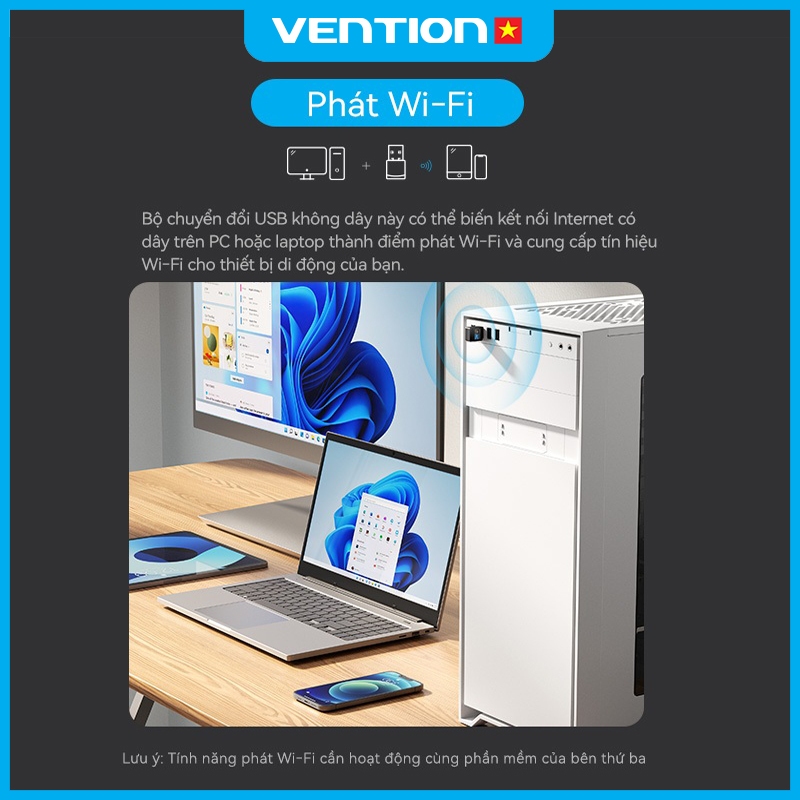 USB WiFi Vention- Bộ Chuyển Đổi WiFi USB, Card Mạng Không Dây 600M,Băng Tần Kép 2.4GHz/5GHz