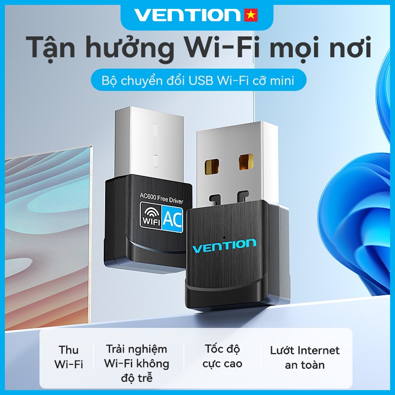 USB WiFi Vention- Bộ Chuyển Đổi WiFi USB, Card Mạng Không Dây 600M,Băng Tần Kép 2.4GHz/5GHz