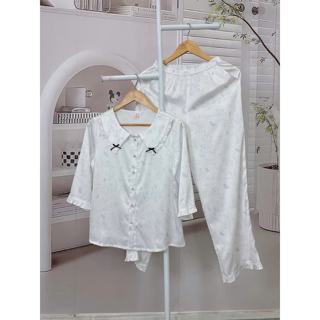 ST9327 Bộ pijama nữ lụa latin áo tay lỡ quần dài tươi trẻ, thoải mái SUNFLY