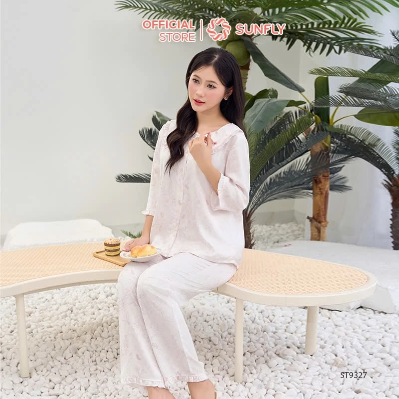 ST9327 Bộ pijama nữ lụa latin áo tay lỡ quần dài tươi trẻ, thoải mái SUNFLY