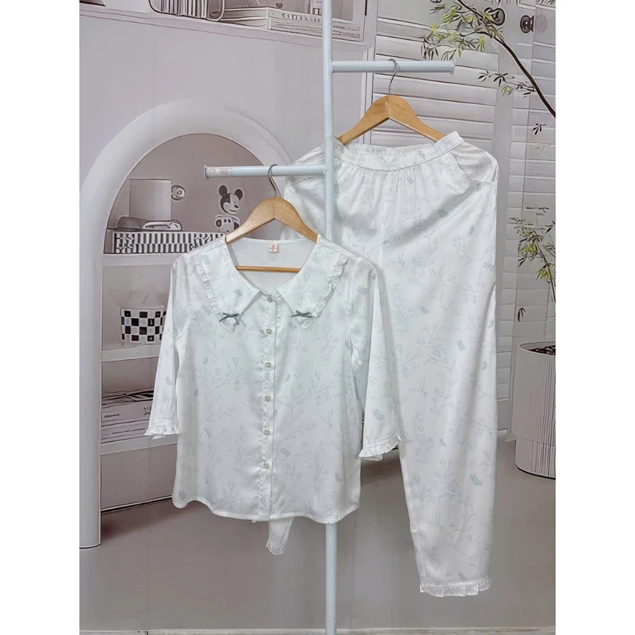 ST9327 Bộ pijama nữ lụa latin áo tay lỡ quần dài tươi trẻ, thoải mái SUNFLY