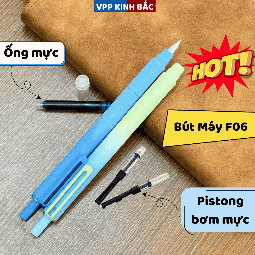 ( Hot) Bút Máy Bấm Ngòi F06, Có Kèm Theo 1 Ống Mực + 1 Pistong Bơm Mực Lọ, Dùng Cho Học Sinh.