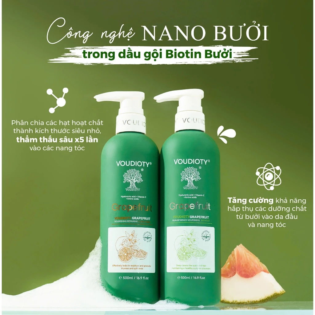Cặp dầu gội xả Biotin Collagen Voudioty Bưởi 500ml/1000ml giảm rụng, kích mọc tóc, phục hồi tóc hư tổn