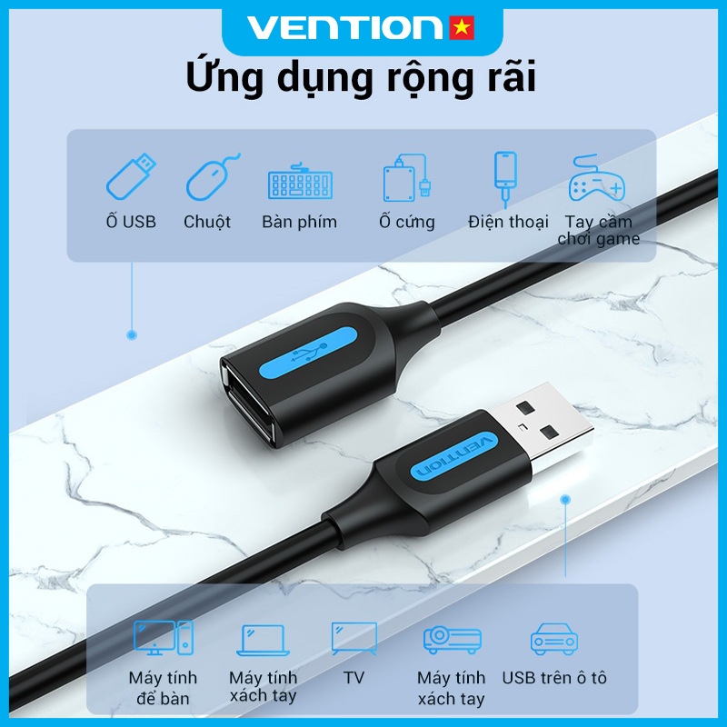 Cáp Nối Dài USB 3.0 Vention Tốc Độ Cao 5Gbps, Dây PVC, Đầu Mạ Niken Chống Gỉ, Chiều Dài Lên Đến 5m