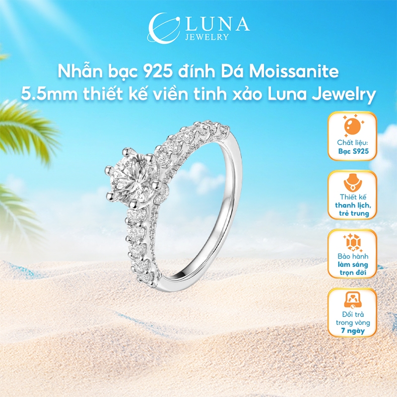 Nhẫn bạc 925 đính Đá Moissanite 5.5mm thiết kế viền tinh xảo Luna Jewelry