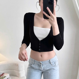 Áo cardigan dáng croptop dài tay thiết kế cổ chữ V Cúc Nhỏ Nữ Tính