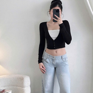 Áo cardigan dáng croptop dài tay thiết kế cổ chữ V Cúc Nhỏ Nữ Tính