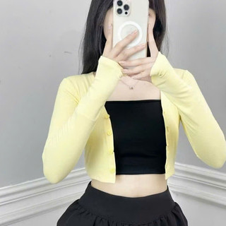 Áo cardigan dáng croptop dài tay thiết kế cổ chữ V Cúc Nhỏ Nữ Tính