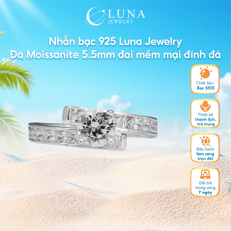 Nhẫn bạc 925 Luna Jewelry Đá Moissanite 5.5mm đai mềm mại đính đá