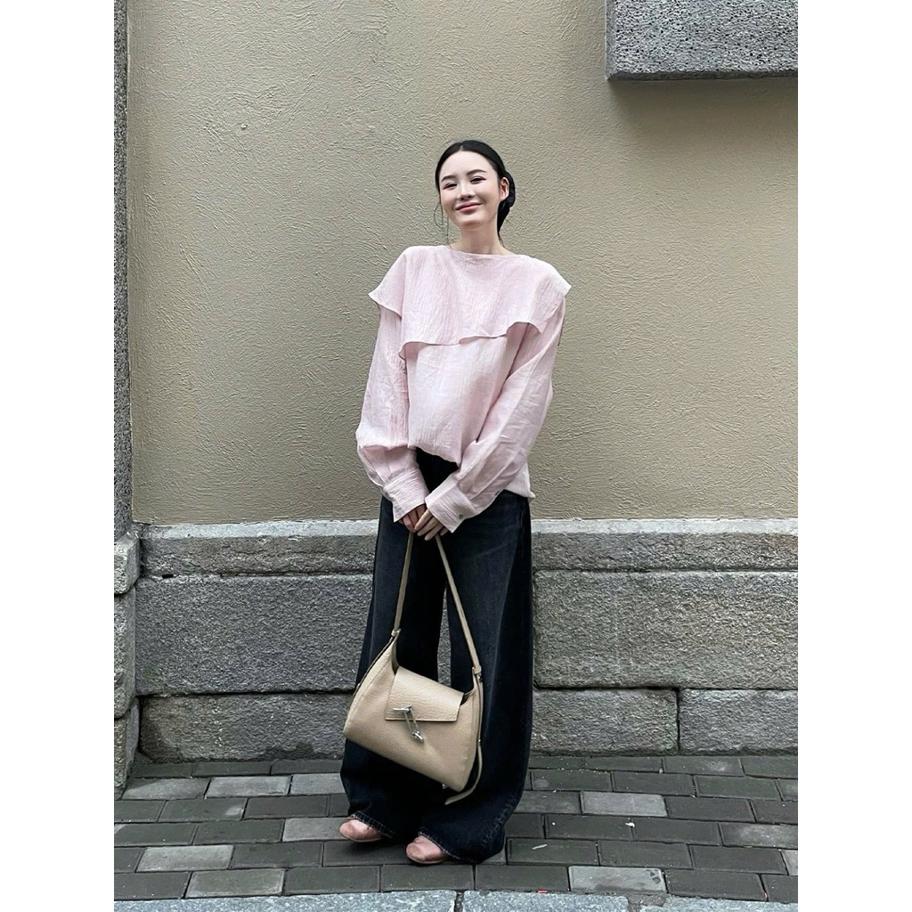 Áo hồng pastel cổ tròn tà trước Onni st