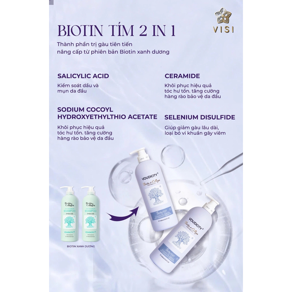 Cặp dầu gội xả Biotin Collagen Voudioty Tím 500ml/1000ml ngăn gàu, kiềm dầu, phục hồi tóc, suôn mượt