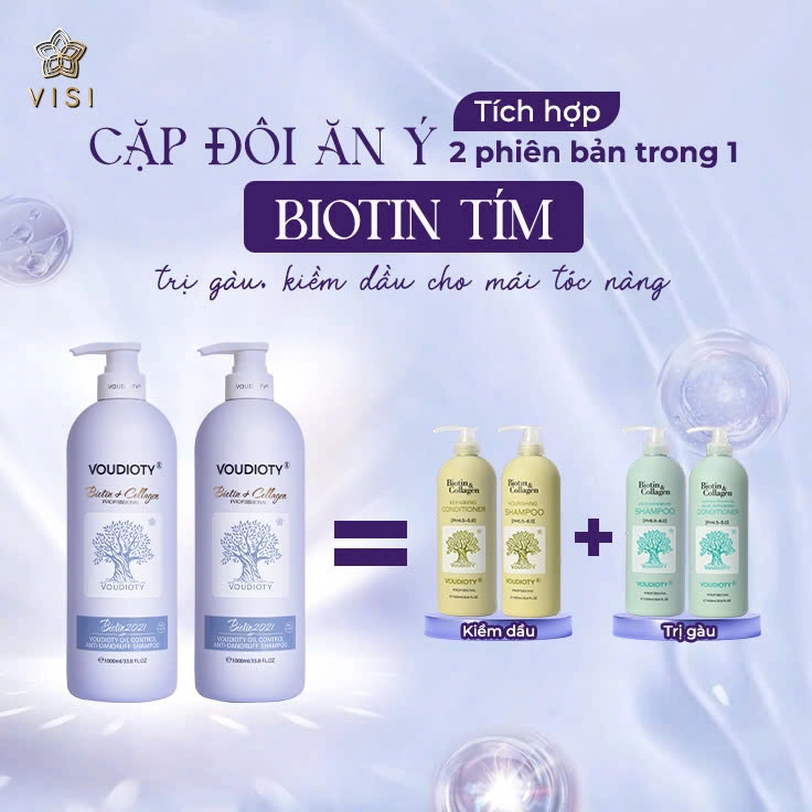 Cặp dầu gội xả Biotin Collagen Voudioty Tím 500ml/1000ml ngăn gàu, kiềm dầu, phục hồi tóc, suôn mượt