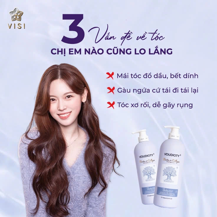 Cặp dầu gội xả Biotin Collagen Voudioty Tím 500ml/1000ml ngăn gàu, kiềm dầu, phục hồi tóc, suôn mượt
