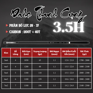 Cần DAHE Thanh Cung 3.5H – Carbon T1100 + 40T, Siêu Nhẹ 88g (4m5), Phân Bổ Lực 28/37, Câu Tổng Hợp