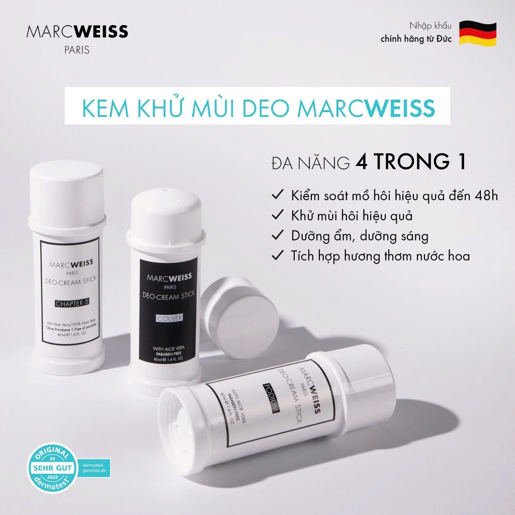 Lăn khử mùi 4 trong 1 Deo MarcWeiss dạng kem dưỡng hỗ trợ sáng da ngăn mồ hôi và tích hợp hương nước hoa từ Đức 40ml