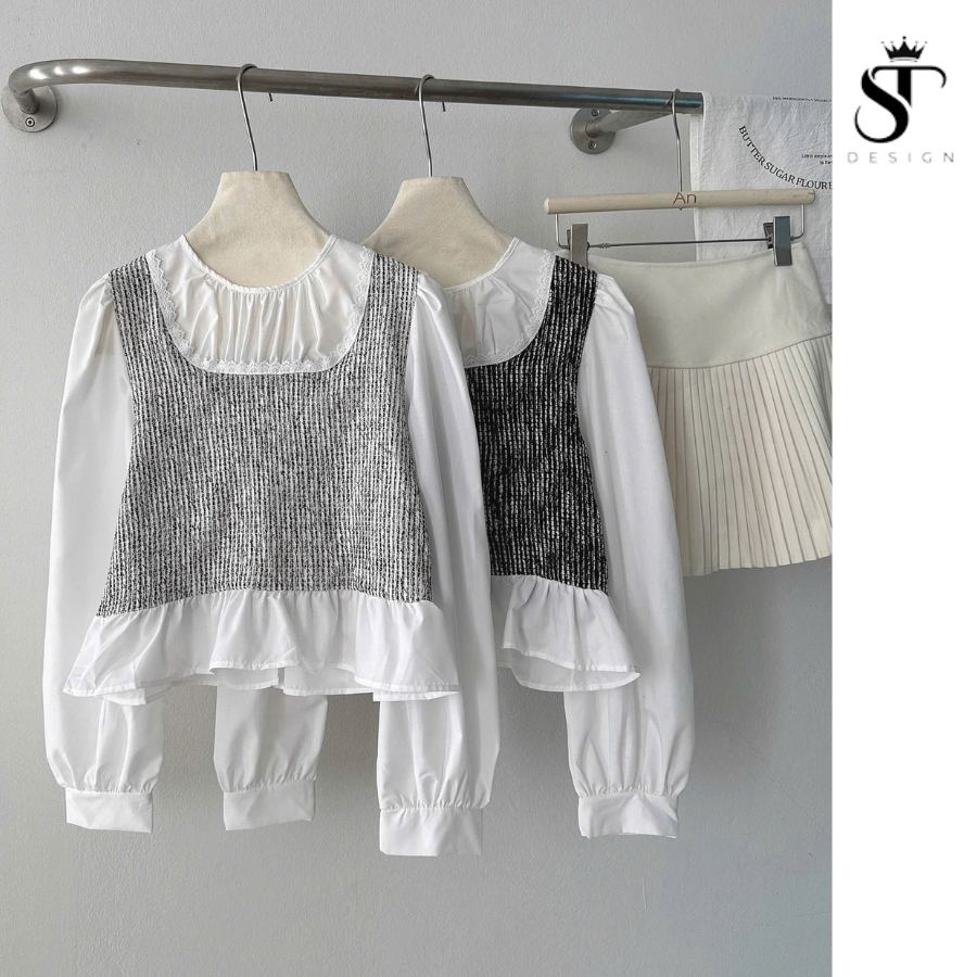 Áo sơ mi QC cổ tròn tay bồng phối dạ Text họa tiết kẻ tôn da sang xinh - ST Design - 35