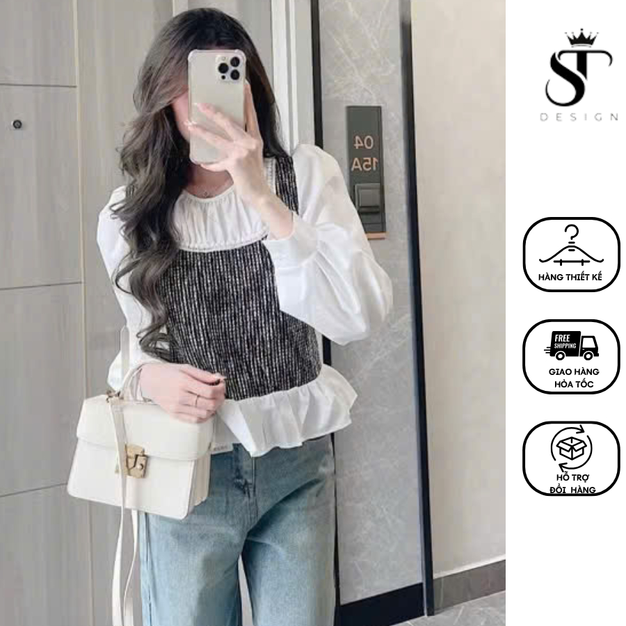 Áo sơ mi QC cổ tròn tay bồng phối dạ Text họa tiết kẻ tôn da sang xinh - ST Design - 35