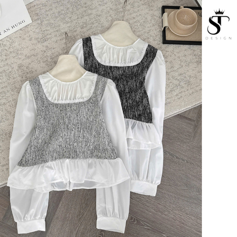 Áo sơ mi QC cổ tròn tay bồng phối dạ Text họa tiết kẻ tôn da sang xinh - ST Design - 35