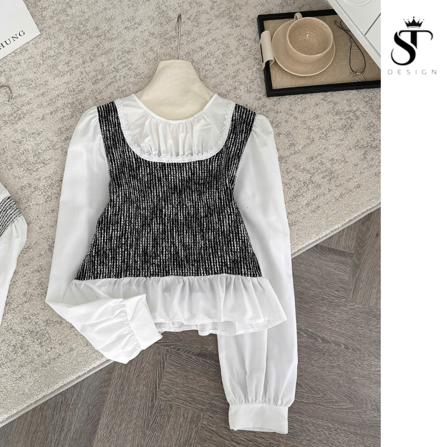 Áo sơ mi QC cổ tròn tay bồng phối dạ Text họa tiết kẻ tôn da sang xinh - ST Design - 35