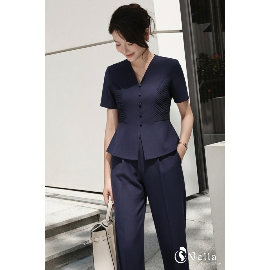 Set công sở nữ CELA áo peplum ngắn tay tôn dáng & quần culottes ống suông hack chân Vella VA25078