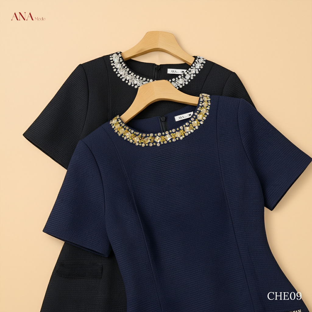 Đầm Kết Cườm Trung Niên ANA Mode Chất Liệu Dệt Thoi Thanh Lịch Đi Tiệc Quà Tặng Mẹ DM25CHE09
