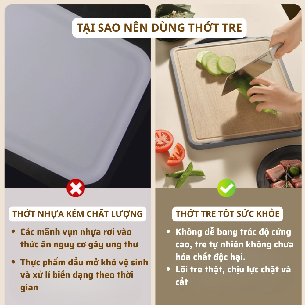 Thớt Gỗ Tre Nguyên Khối Chống Nấm Mốc Kháng Khuẩn – Thớt 2 Mặt Tre Đặc Cao Cấp, Có Tay Cầm Treo