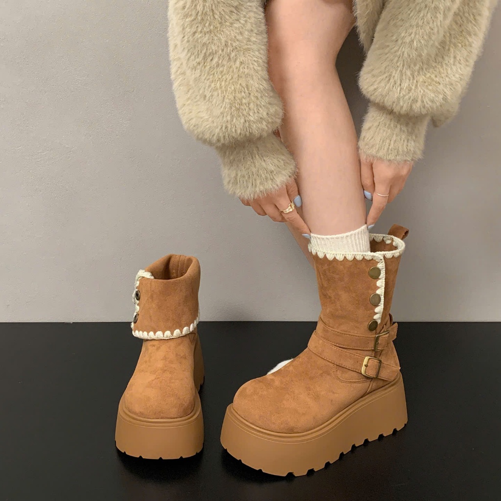 Bốt Lông Cừu Cao Cổ, Boots Nữ Cổ Lật Lót Lông Dày Dặn Phong Cách Hàn Quốc Cá Tính Phong Cách Mùa Đông NTshoes B18
