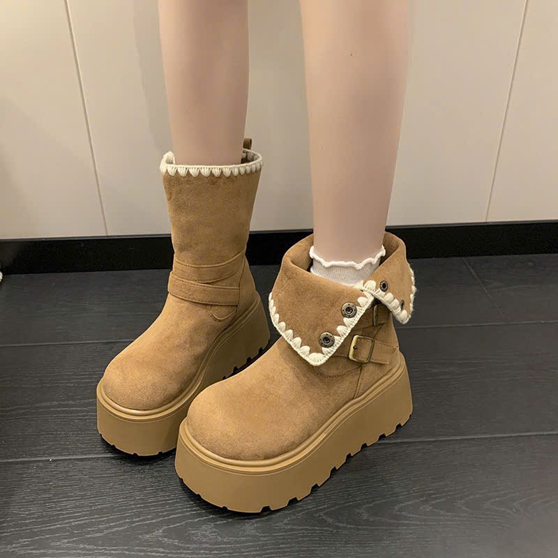 Bốt Lông Cừu Cao Cổ, Boots Nữ Cổ Lật Lót Lông Dày Dặn Phong Cách Hàn Quốc Cá Tính Phong Cách Mùa Đông NTshoes B18