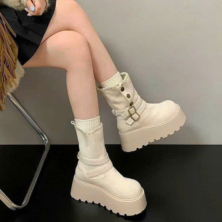 Bốt Lông Cừu Cao Cổ, Boots Nữ Cổ Lật Lót Lông Dày Dặn Phong Cách Hàn Quốc Cá Tính Phong Cách Mùa Đông NTshoes B18