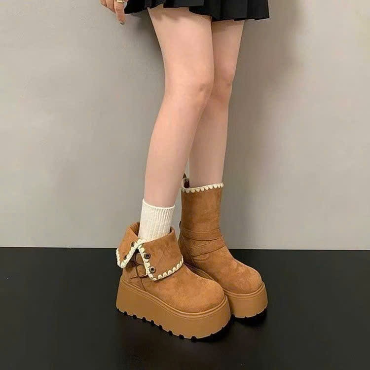 Bốt Lông Cừu Cao Cổ, Boots Nữ Cổ Lật Lót Lông Dày Dặn Phong Cách Hàn Quốc Cá Tính Phong Cách Mùa Đông NTshoes B18