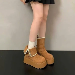 Bốt Lông Cừu Cao Cổ, Boots Nữ Cổ Lật Lót Lông Dày Dặn Phong Cách Hàn Quốc Cá Tính Phong Cách Mùa Đông NTshoes B18