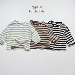 Áo thun dài tay thu đông cotton co giãn 4 chiều bé trai bé gái Batala Kids, ÁO THUN COTTON KẺ 3 MÀU