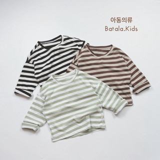 Áo thun dài tay thu đông cotton co giãn 4 chiều bé trai bé gái Batala Kids, ÁO THUN COTTON KẺ 3 MÀU