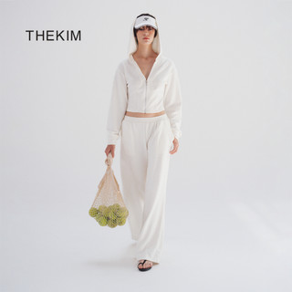 THEKIM Set áo khoác tay dài dáng ôm có mũ kéo khóa và quần ống suông rộng , chất len tăm lông CS366