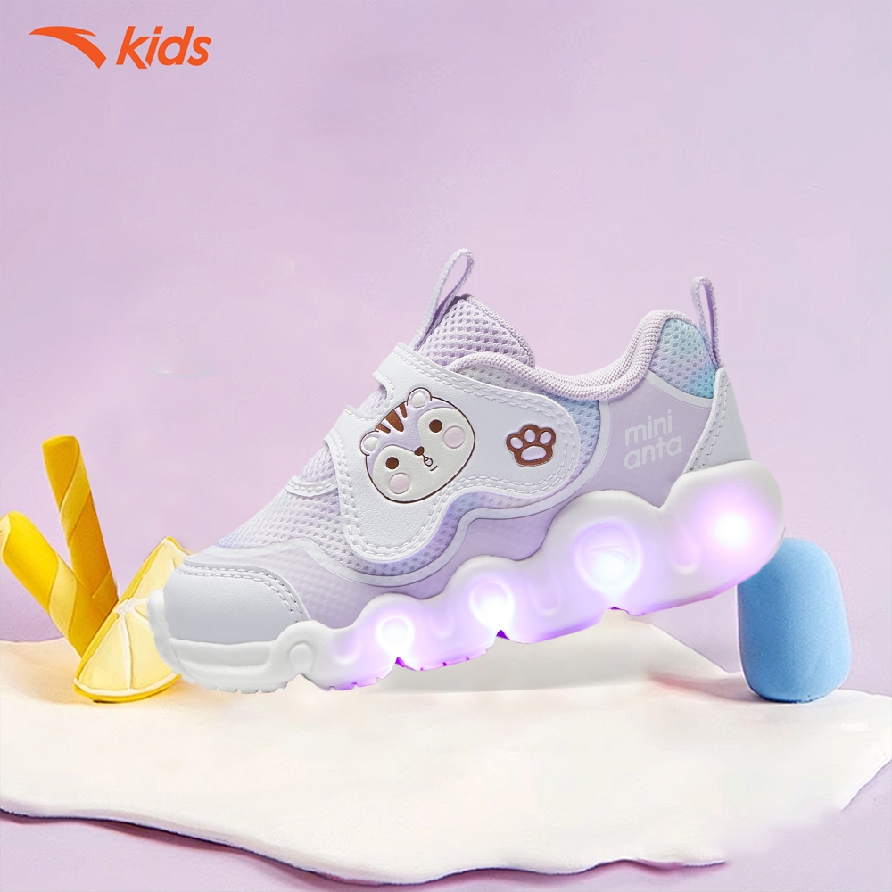 Giày Bé Gái Phát Sáng ANTA Kids 3225C0016 Giày Sneaker Trẻ Em, Giày Tập Đi Khóa Dán Velcro Thoáng Khí, Đế Êm Size 22-27