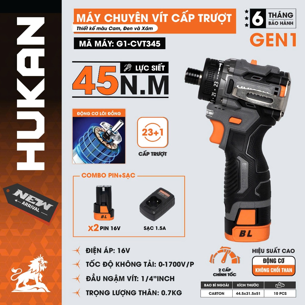 Máy Chuyên Vít Cấp Trượt HUKAN (GEN1) G1-CVT345 | Lực Siết 45N.M, Động Cơ Không Chổi Than