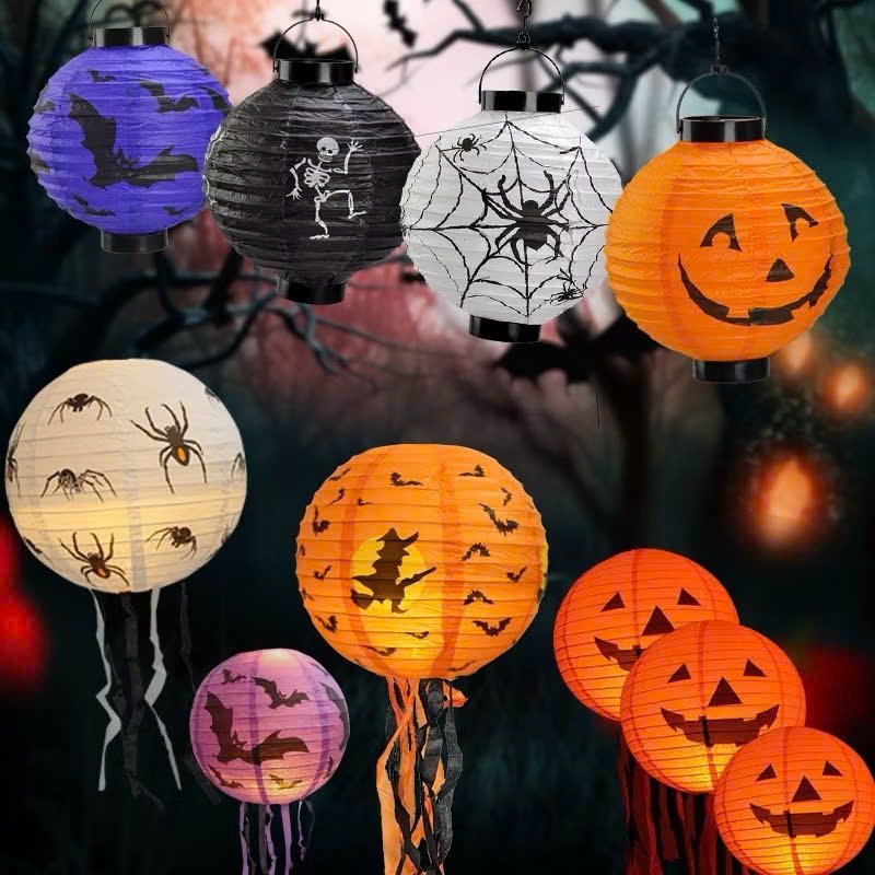Đèn lồng halloween giấy nến kiểu tua rua , tròn, có đế sẽ đèn LED trang trí halloween nhiều mẫu mã size