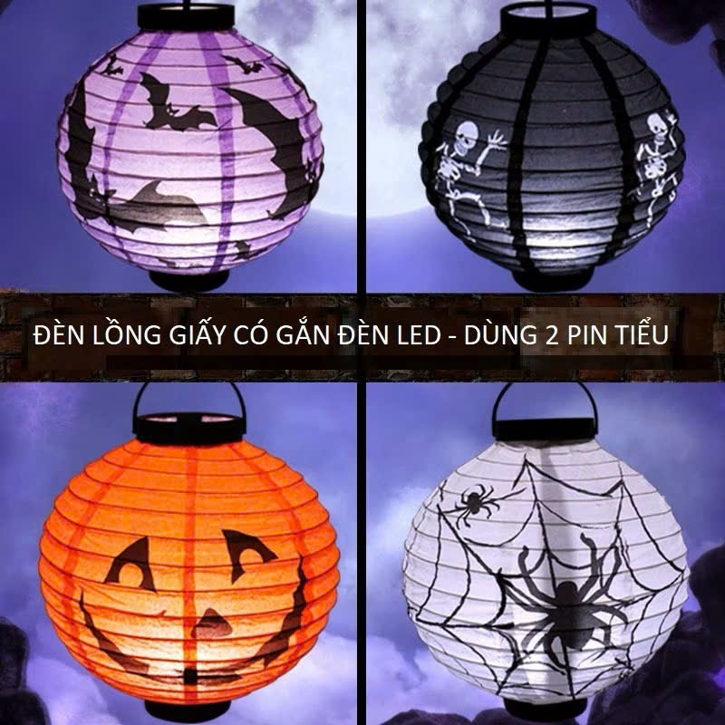 Đèn lồng halloween giấy nến kiểu tua rua , tròn, có đế sẽ đèn LED trang trí halloween nhiều mẫu mã size