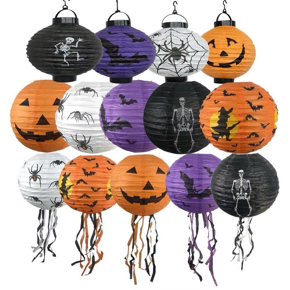 Đèn lồng halloween giấy nến kiểu tua rua , tròn, có đế sẽ đèn LED trang trí halloween nhiều mẫu mã size