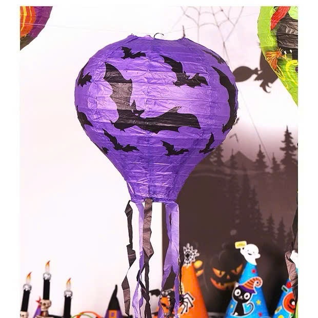 Đèn lồng halloween giấy nến kiểu tua rua , tròn, có đế sẽ đèn LED trang trí halloween nhiều mẫu mã size