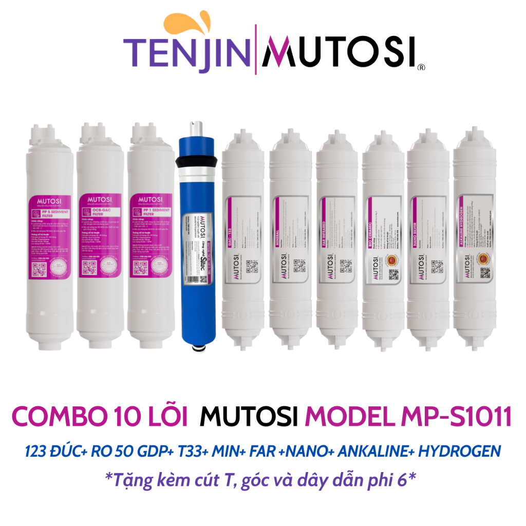 Combo 10 Lõi Chức Năng Mutosi Sử Dụng 123 Đúc, Màng RO50 gpd, 6 Lõi Chức Năng Model MP-S1011