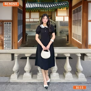 Đầm thiết kế BEMINE cổ sen phối viền đính nơ dáng chữ A phù hợp đi làm-B115