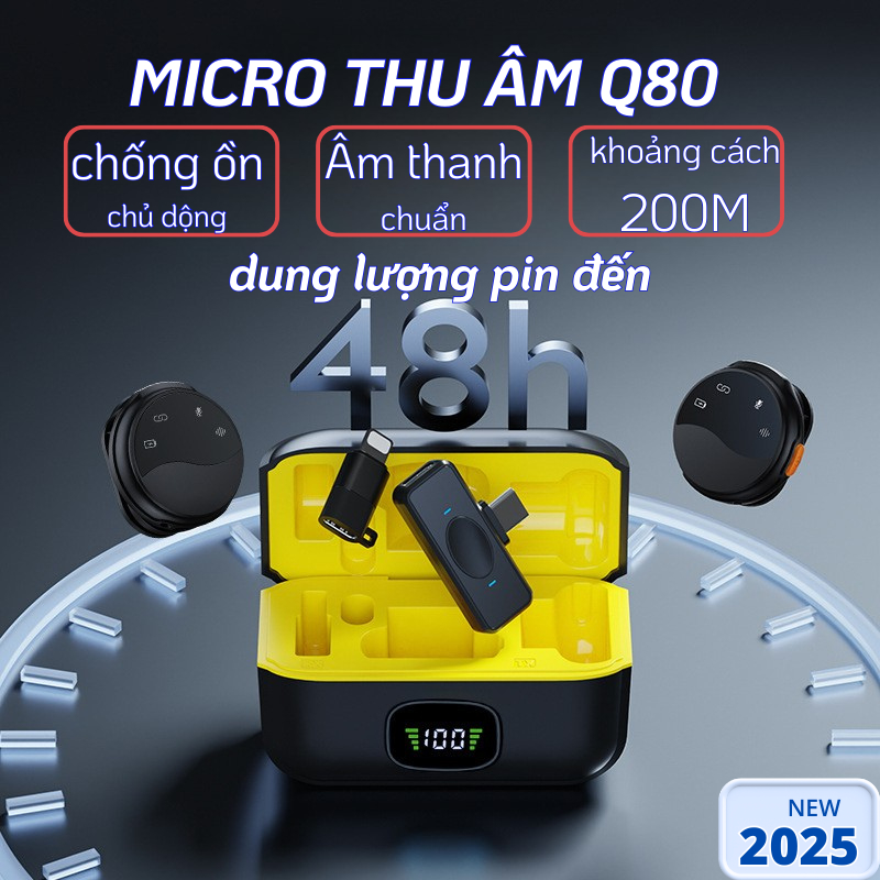 Micro Thu Âm Q80 Cài Áo 2 Micro Không Dây 2.4GHz Lọc Tiếng Ồn Pin Lâu Dùng Cho Điện Thoại Máy Tính