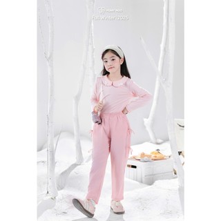 [HUMYNGO] Áo giữ nhiệt bé gái cổ sen đính nơ chất cotton dày dặn lót bông nhẹ mềm cho bé gái 10-36kg, 2-8 tuổi