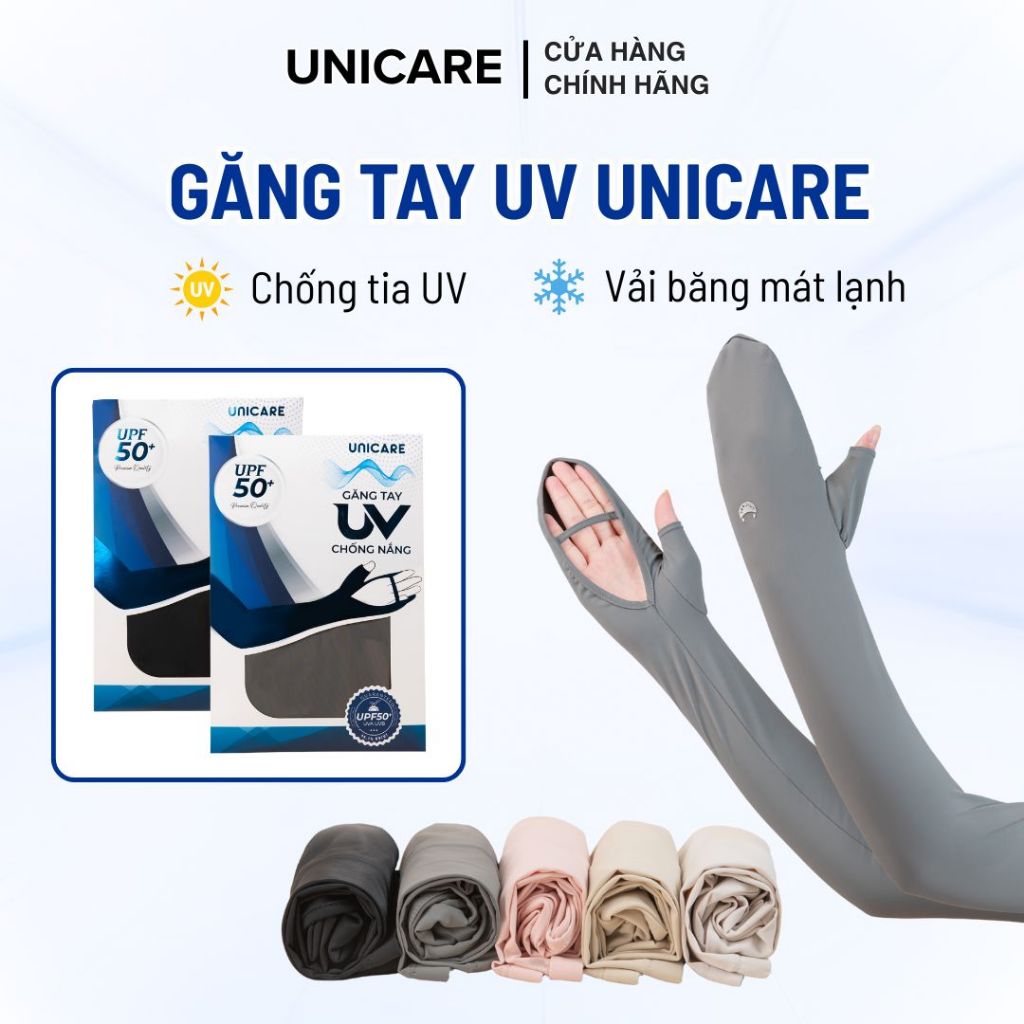 Găng tay chống nắng Unicare UPF 50+ chống tia UV, chất liệu vải băng mát lạnh co giãn và thấm hút tốt