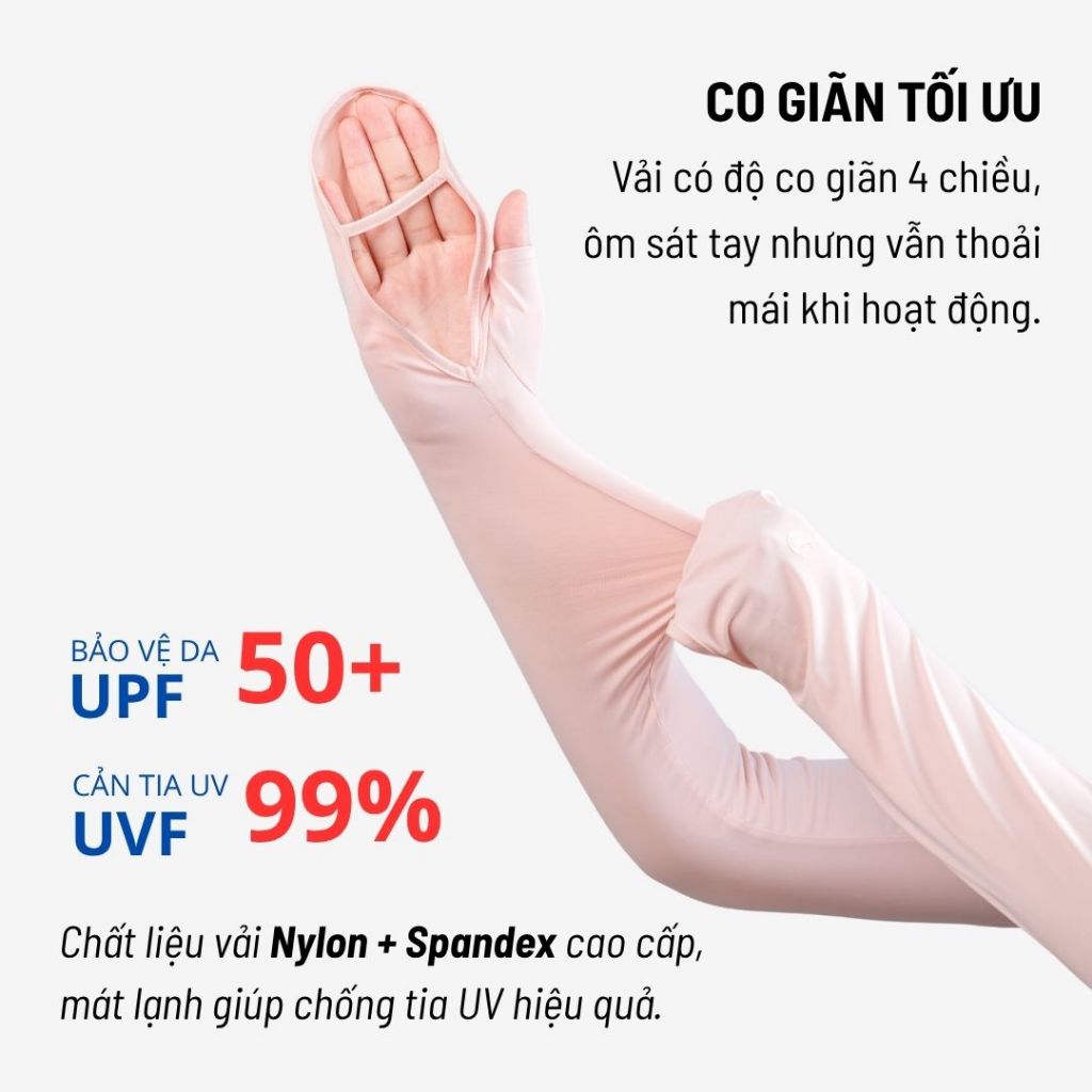 Găng tay chống nắng Unicare UPF 50+ chống tia UV, chất liệu vải băng mát lạnh co giãn và thấm hút tốt